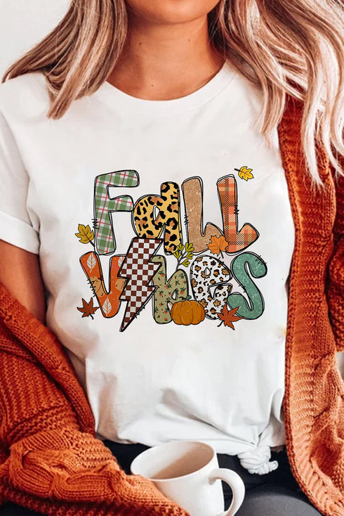 Fall Vibes Mixed Pattern Plaid Leopard Graphic Autumn Tee