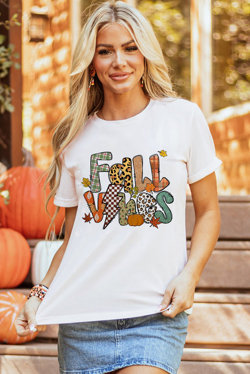 Fall Vibes Mixed Pattern Plaid Leopard Graphic Autumn Tee