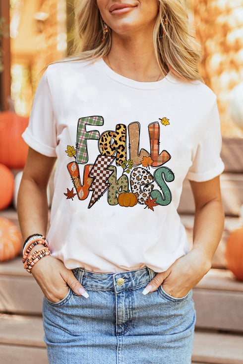 Fall Vibes Mixed Pattern Plaid Leopard Graphic Autumn Tee