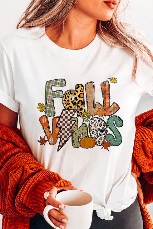 Fall Vibes Mixed Pattern Plaid Leopard Graphic Autumn Tee