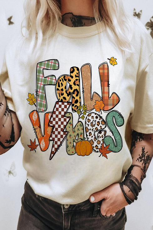 Fall Vibes Mixed Pattern Plaid Leopard Graphic Autumn Tee