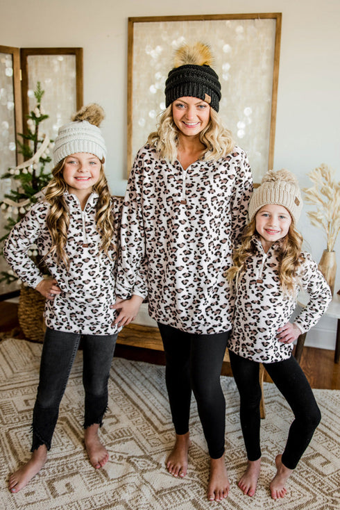 Family Matching Mom¡®s Leopard Quarter Zip Fleece Sweatshirt
