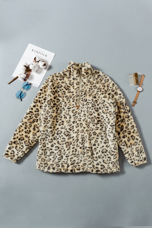 Family Matching Mom¡®s Leopard Quarter Zip Fleece Sweatshirt