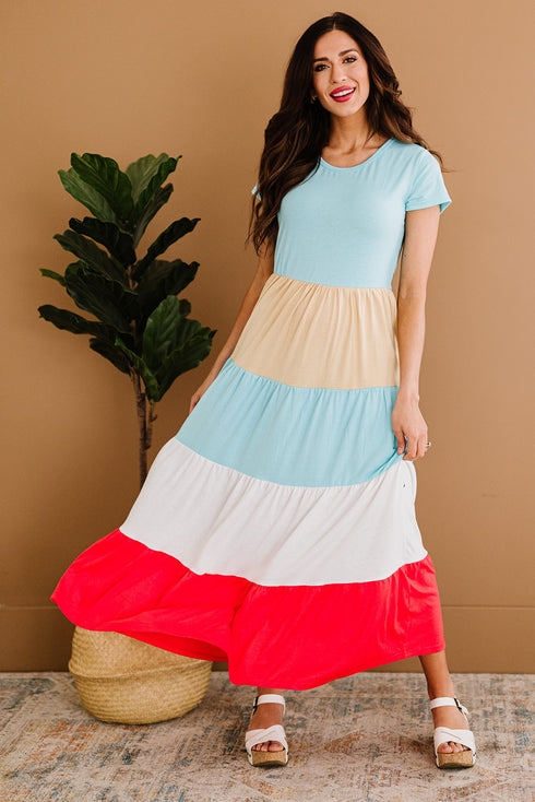 Family Matching Short Sleeve Color Block Adult Maxi Dress