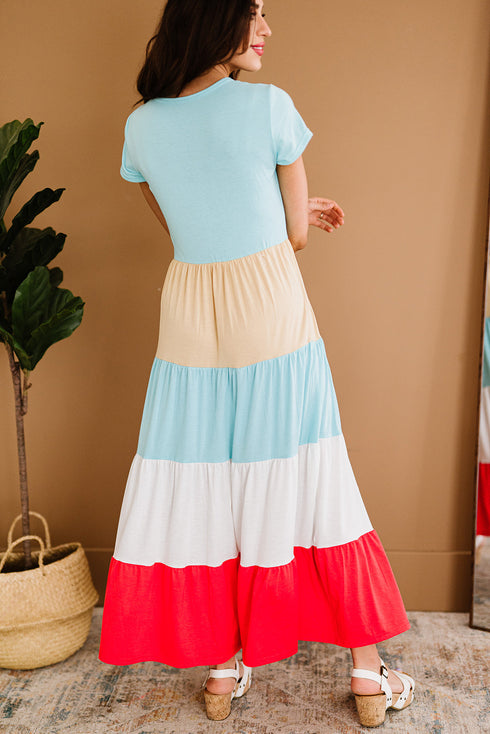 Family Matching Short Sleeve Color Block Adult Maxi Dress
