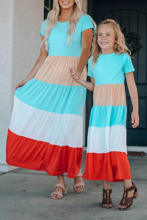 Family Matching Short Sleeve Color Block Adult Maxi Dress