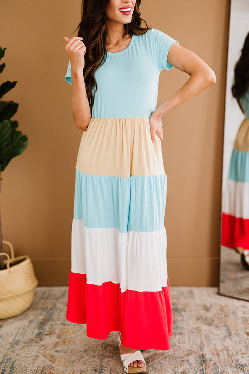 Family Matching Short Sleeve Color Block Adult Maxi Dress