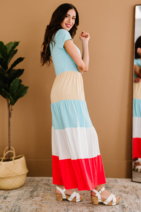Family Matching Short Sleeve Color Block Adult Maxi Dress
