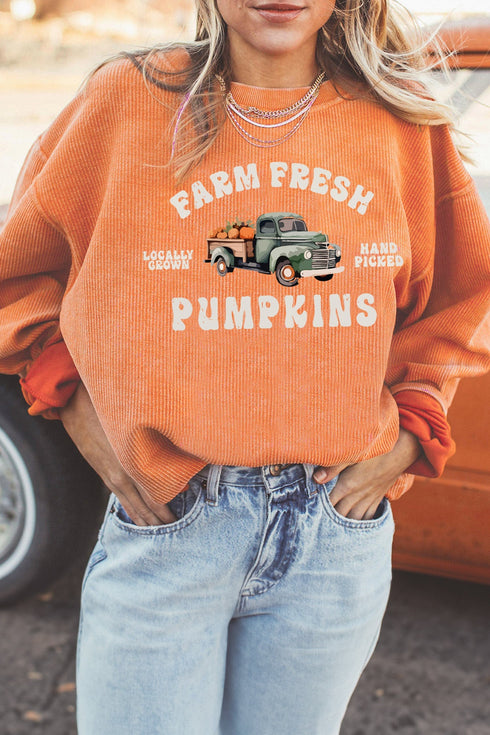 Farm Fresh Pumpkins Corded Ribbed Graphic Pullover Sweatshirt