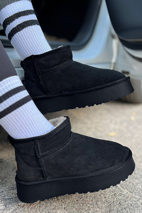 Faux Fur Lined Suede Texture Slip On Ankle Boots