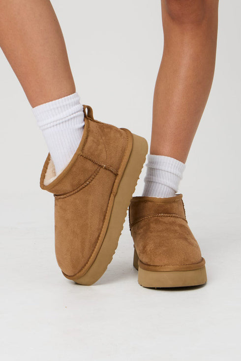 Faux Fur Lined Suede Texture Slip On Ankle Boots