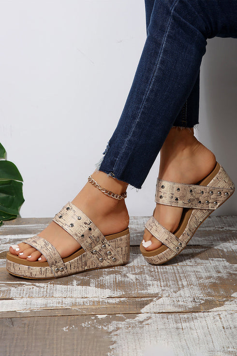 Faux Leather Double Strap Rivet Detail Wedge Slippers