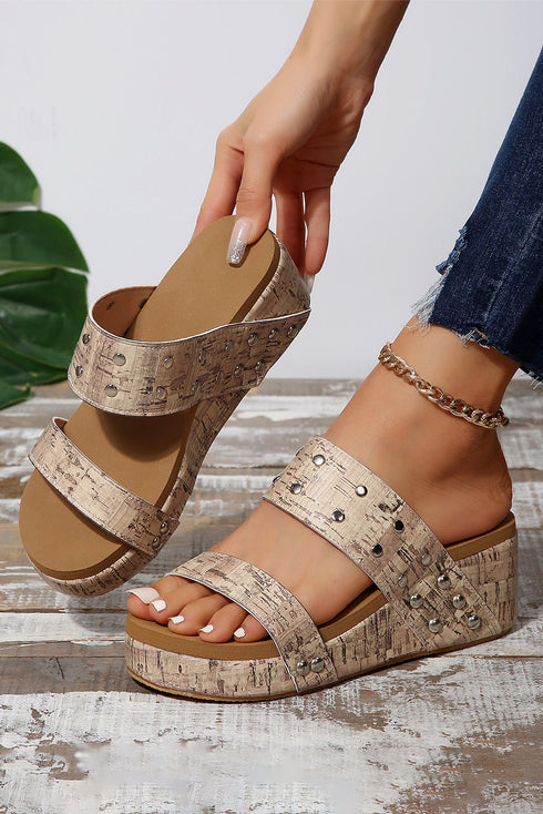 Faux Leather Double Strap Rivet Detail Wedge Slippers