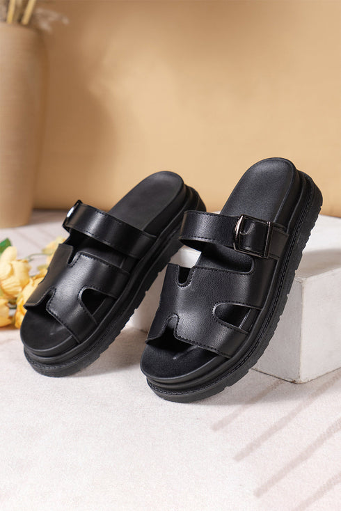 Faux Leather Hollow Out Buckle Strap Flat Slippers