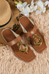 Faux Leather Metal Ring Accent Square Toe Flat Slippers