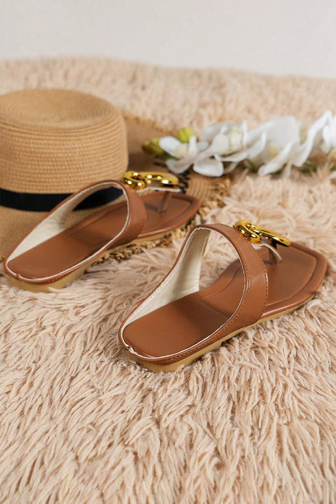 Faux Leather Metal Ring Accent Square Toe Flat Slippers