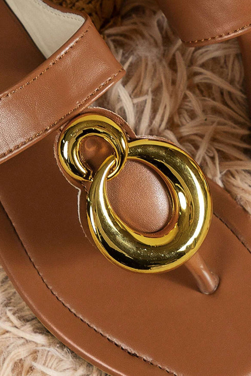 Faux Leather Metal Ring Accent Square Toe Flat Slippers