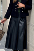 Faux Leather Retro Buckle Pleated Flared Midi Skirt