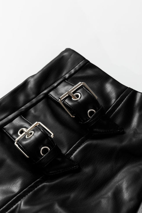 Faux Leather Retro Buckle Pleated Flared Midi Skirt