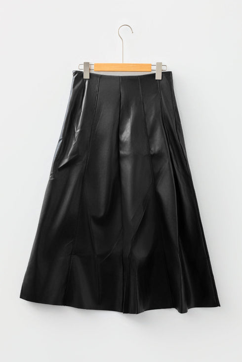 Faux Leather Retro Buckle Pleated Flared Midi Skirt