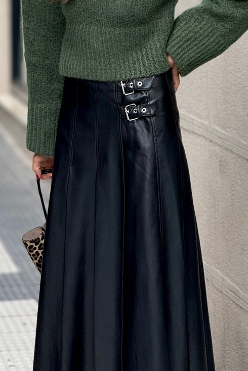 Faux Leather Retro Buckle Pleated Flared Midi Skirt