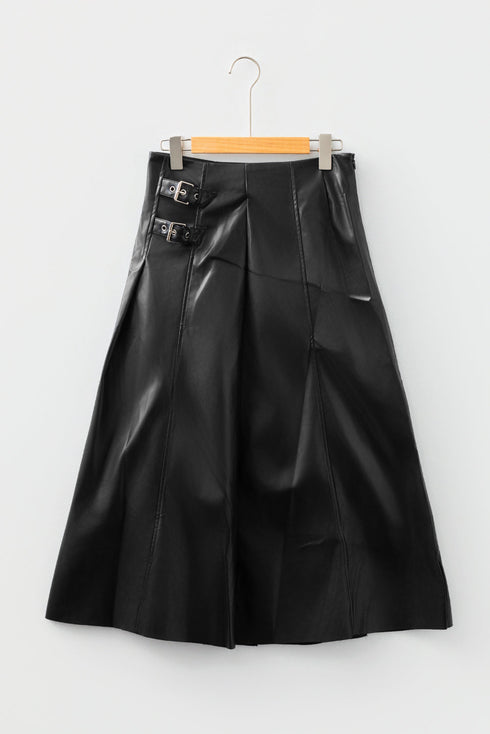 Faux Leather Retro Buckle Pleated Flared Midi Skirt