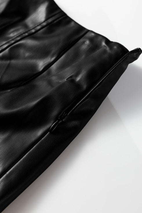 Faux Leather Retro Buckle Pleated Flared Midi Skirt