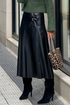 Faux Leather Retro Buckle Pleated Flared Midi Skirt