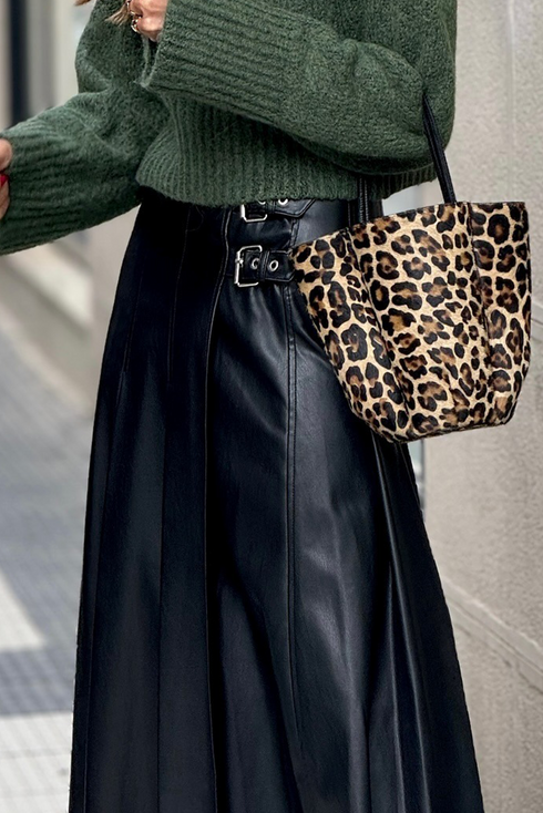 Faux Leather Retro Buckle Pleated Flared Midi Skirt