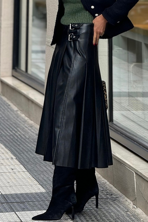 Faux Leather Retro Buckle Pleated Flared Midi Skirt