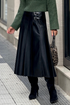Faux Leather Retro Buckle Pleated Flared Midi Skirt