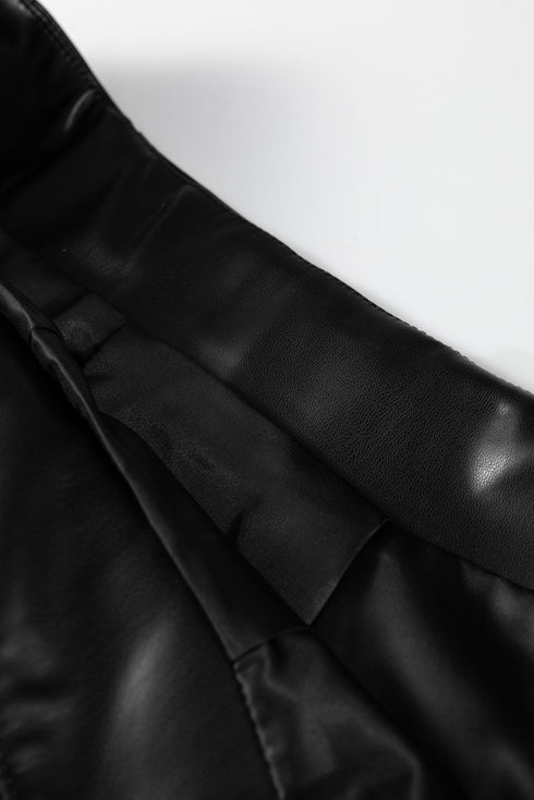 Faux Leather Retro Buckle Pleated Flared Midi Skirt