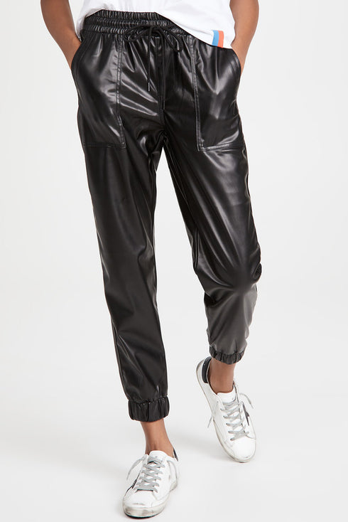 Faux Leather Smocked Waist Drawstring Jogger Pants