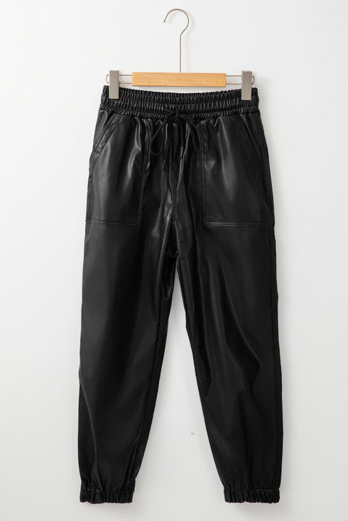 Faux Leather Smocked Waist Drawstring Jogger Pants