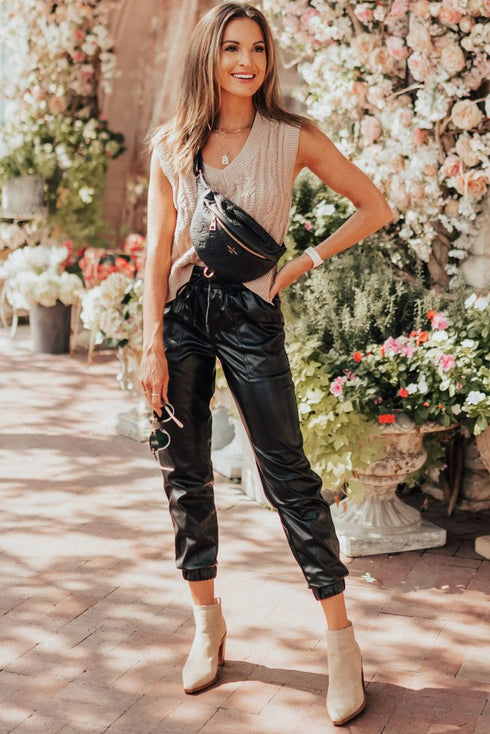 Faux Leather Smocked Waist Drawstring Jogger Pants