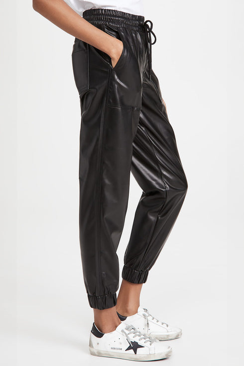 Faux Leather Smocked Waist Drawstring Jogger Pants