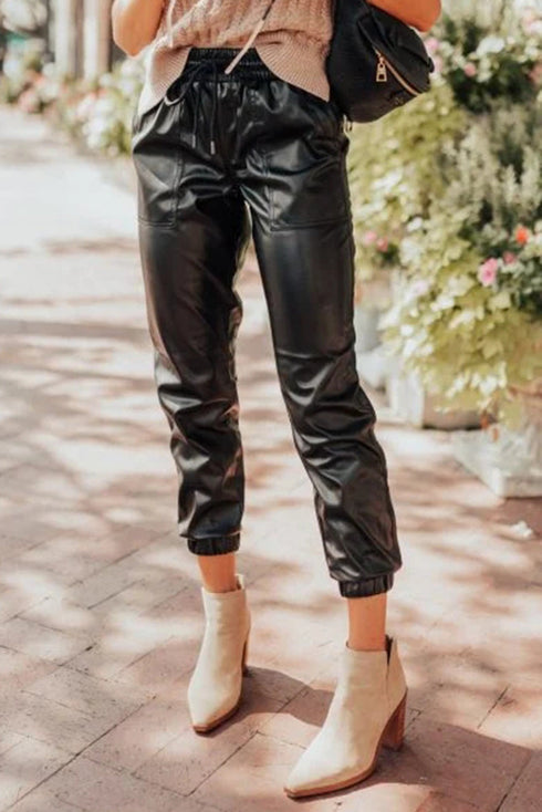 Faux Leather Smocked Waist Drawstring Jogger Pants