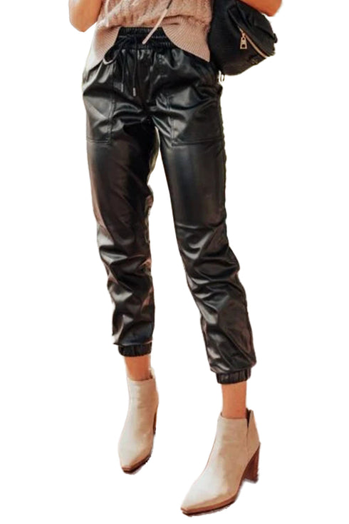 Faux Leather Smocked Waist Drawstring Jogger Pants