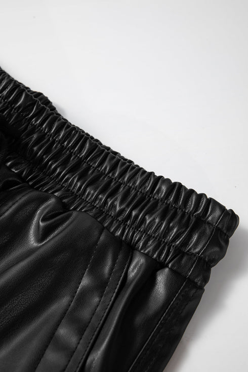Faux Leather Smocked Waist Drawstring Jogger Pants
