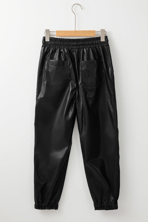 Faux Leather Smocked Waist Drawstring Jogger Pants
