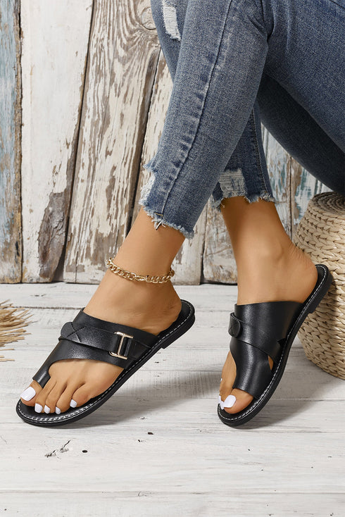 Faux Leather Toe Ring Strap Flat Slide Sandal