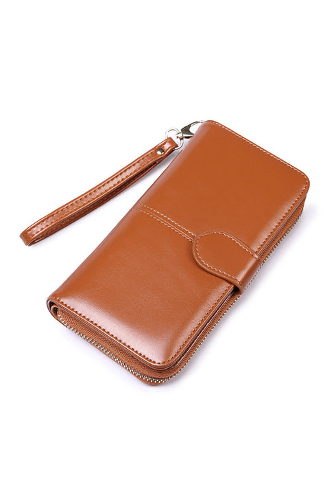 Faux Leather Zip Around Wrist Strap Long Wallet