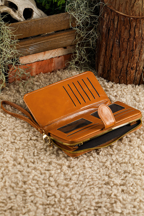 Faux Leather Zip Around Wrist Strap Long Wallet