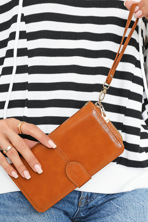 Faux Leather Zip Around Wrist Strap Long Wallet