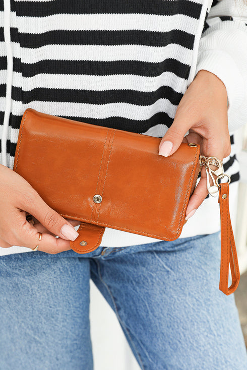 Faux Leather Zip Around Wrist Strap Long Wallet