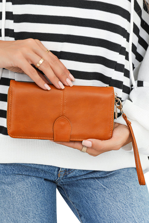 Faux Leather Zip Around Wrist Strap Long Wallet