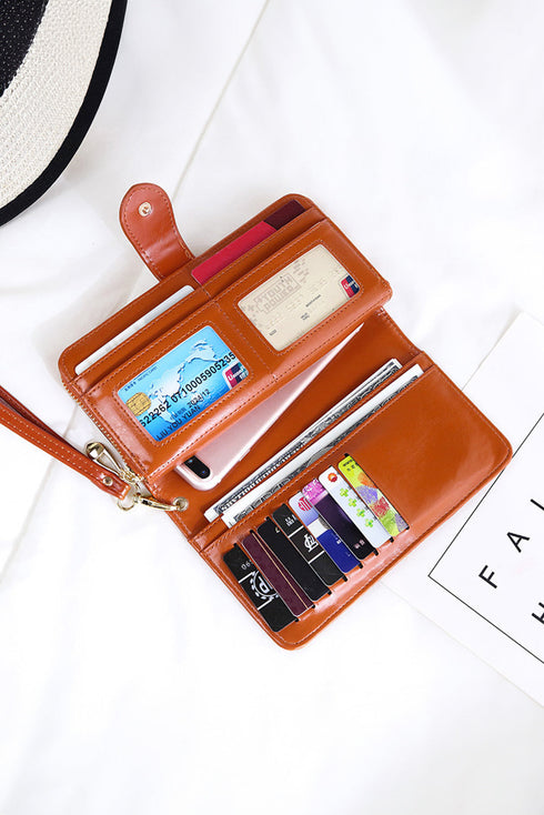 Faux Leather Zip Around Wrist Strap Long Wallet