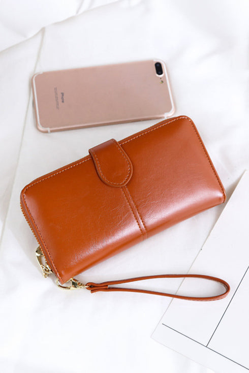 Faux Leather Zip Around Wrist Strap Long Wallet