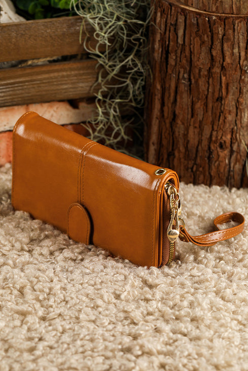 Faux Leather Zip Around Wrist Strap Long Wallet