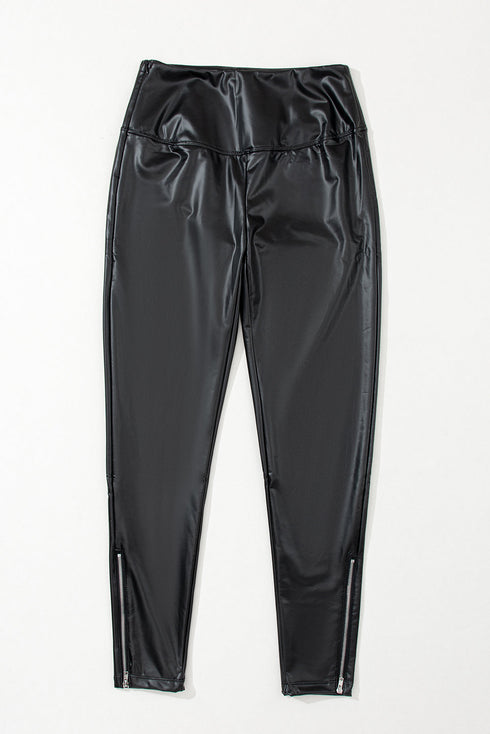 Faux Leather Zipped Detail Solid Bodycon Leggings